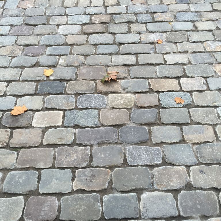 Application image for Reclaimed European Sandstone Cobblestones - Rectangle - Worn Surface. The image shows this product being used for driveway pavers, path pavers, patio pavers and driveway aprons. The surface finish shown is . The dominant color shown is gray. The color mix creates a warm feeling.