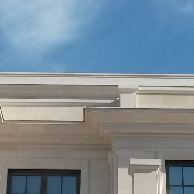 Application image for Mountain Hard Limestone Beige - Architectural Elements. The image shows this product being used in an architectural elements application. This is a building stone for indoor and outdoor commercial and residential applications. Suitable for general use, freeze-thaw conditions and low heat absorption surfaces situations. Moderate to higher on the price spectrum.