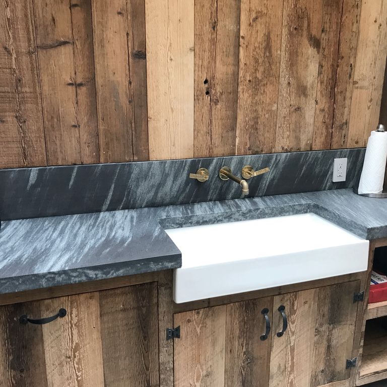 Application image for Mystic Mountain Countertops. The image shows this product being used in a countertop slabs application. This is a building and landscape stone for indoor and outdoor commercial and residential applications. Suitable for general use and freeze-thaw conditions situations. Higher to high on the price spectrum.