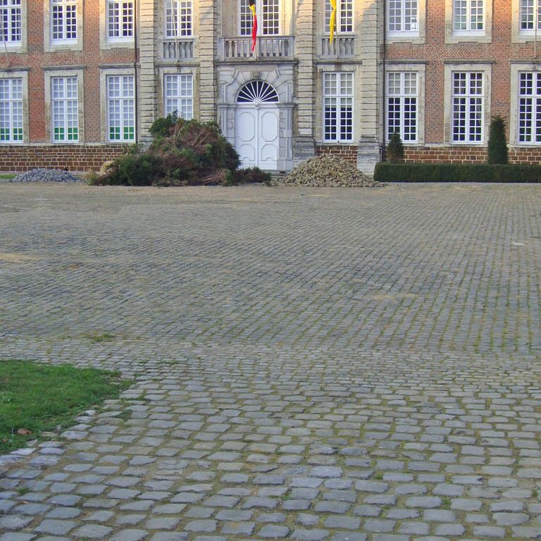 Application image for Reclaimed Belgian Bluestone Cobblestones - Worn Surface. The image shows this product being used in a driveway pavers application. The surface finish shown is . Dominant colors shown are blue and gray. The color mix creates a cool feeling.