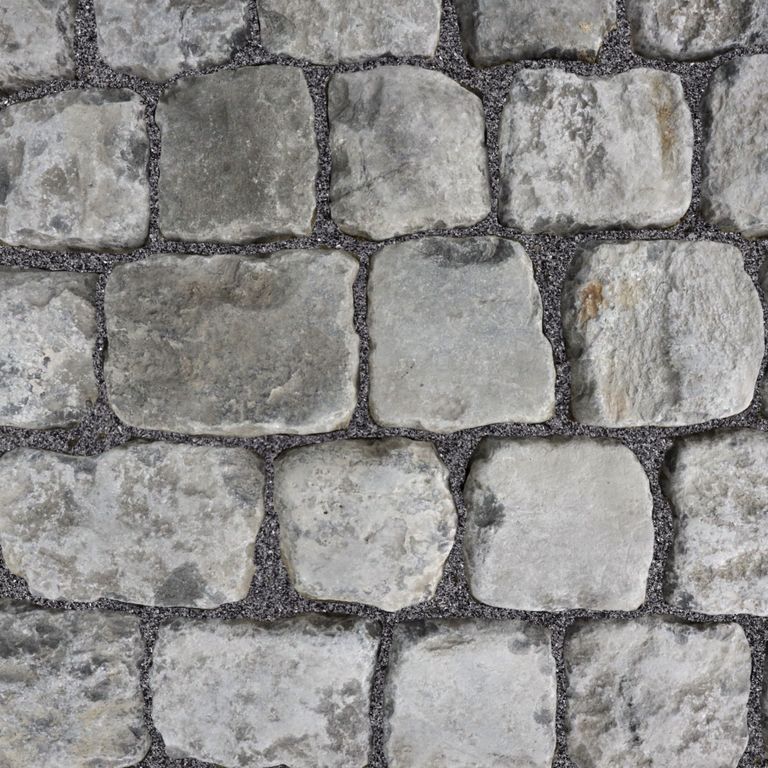 Application image for Reclaimed Belgian Bluestone Cobblestones - Worn Surface. The surface finish shown is . The dominant color shown is gray; with beige, black, blue, brown, purple and white secondaries. The color mix creates a cool feeling. Regular and blotched color patterns.