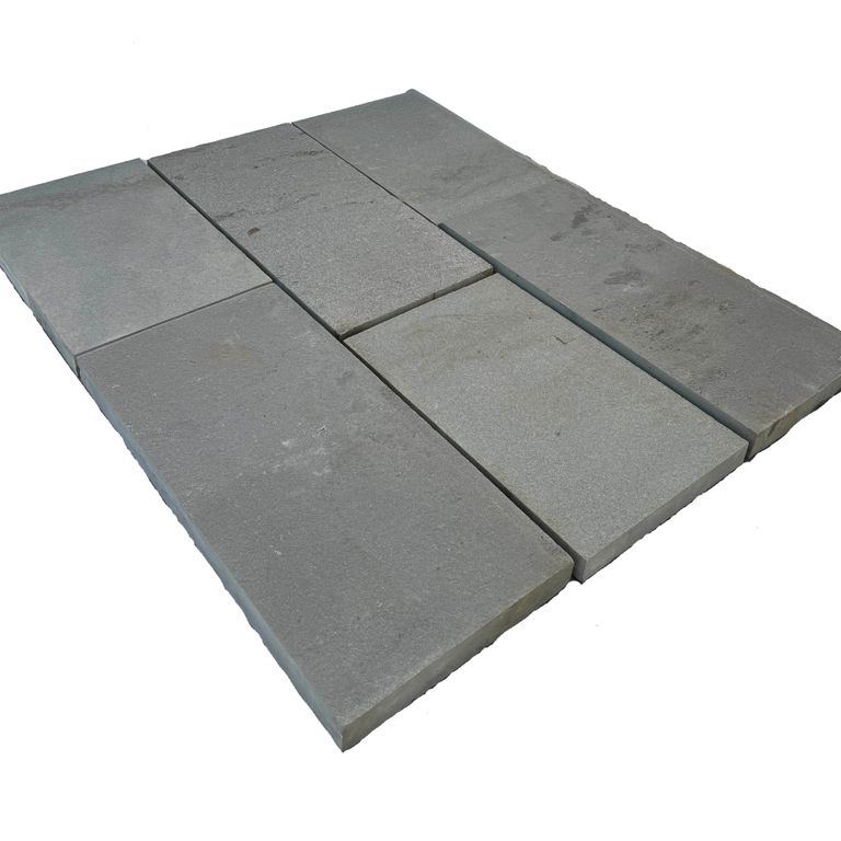 Oblique image for Bluestone Flamed Surface Blue/Gray - Dimensional Cut Pavers. The surface finish shown is flamed. The dominant color shown is gray. The color mix creates a cool feeling.