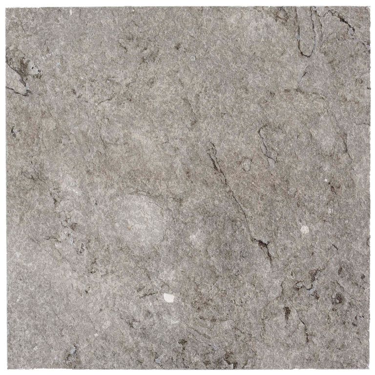 Swatch image cropped for Dawn Haze Limestone - Pavers. The surface finish shown is flamed. The dominant color shown is gray; with beige, brown, green, purple, white and tan secondaries. Exhibits 