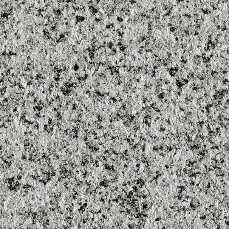 Swatch image cropped for Arizona Gray Granite - Pavers. The surface finish shown is sand blasted. Dominant colors shown are gray and white; with beige, black and green secondaries. The color mix creates a cool feeling. Coarse speckled color pattern. Contains some mica and mineral inclusions.