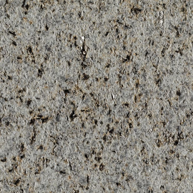 Color/Finish variation image for Masterpiece Yellow Granite - Full Bed Veneer. The surface finishes shown are flamed, polished and sand blasted. The dominant color shown is gray; with beige, brown, green, purple, white and tan secondaries. The color mix creates a warm feeling. Speckled and coarse speckled color patterns.