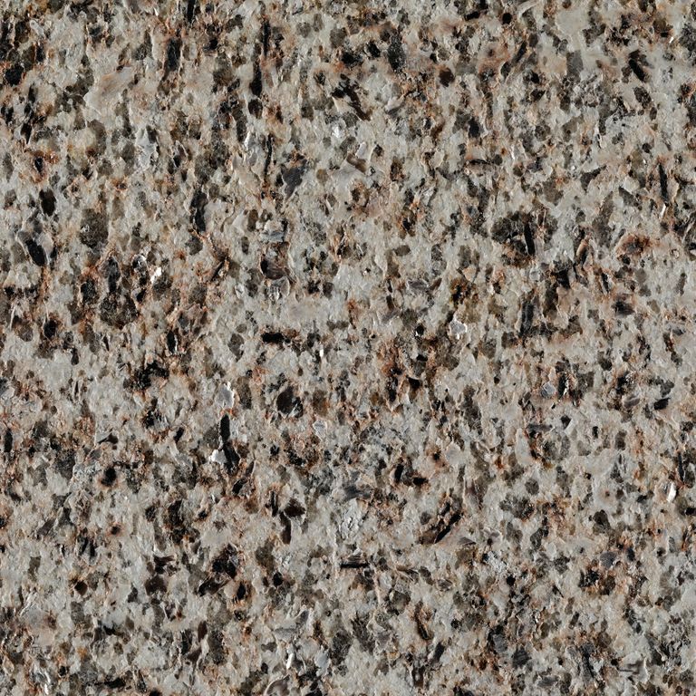 Color/Finish variation image for Masterpiece Yellow Granite - Full Bed Veneer. The surface finishes shown are flamed, polished and sand blasted. Dominant colors shown are brown and gray; with beige, black, green, orange/rust, purple and tan secondaries. The color mix creates a warm feeling. Coarse speckled color pattern.