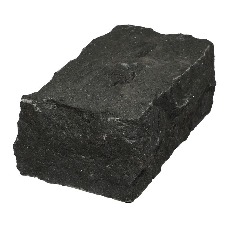 Oblique image for Nordic Black Basalt Cobblestones - Rectangle - Split Top, Split Sides. The surface finish shown is split-face. The dominant color shown is black. The color mix creates a cool feeling.