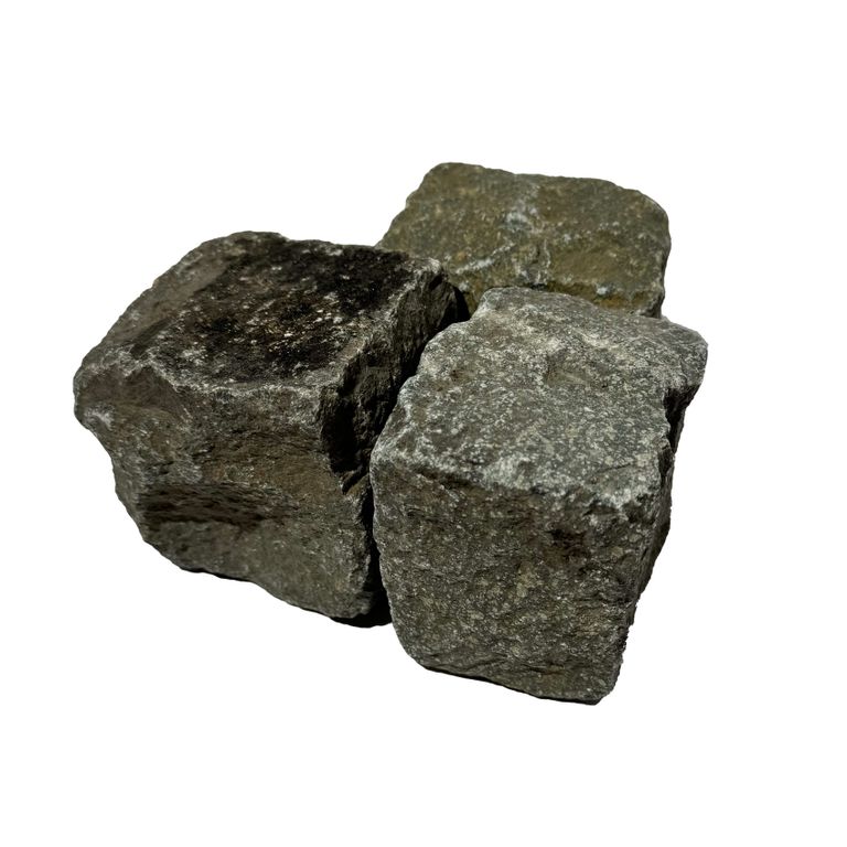 Oblique image for Reclaimed European Porphyry Cobblestones - Worn Cubes. The surface finish shown is . Dominant colors shown are black, brown and gray. The color mix creates a warm feeling.