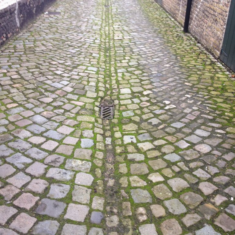 Application image for Reclaimed European Porphyry Cobblestones - Worn Cubes. The image shows this product being used in a path pavers application. The surface finish shown is . The dominant color shown is gray. The color mix creates a cool feeling.