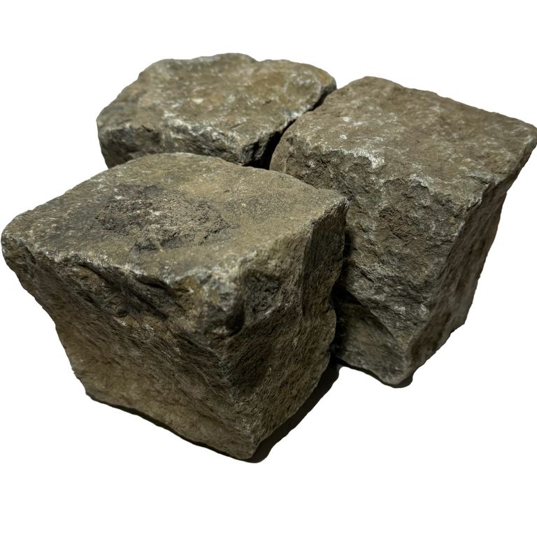 Oblique image for Reclaimed European Sandstone Cobblestones - Worn Cubes. The surface finish shown is . The dominant color shown is black. The color mix creates a warm feeling.