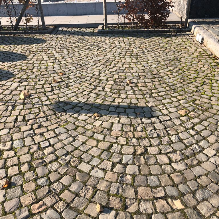 Application image for Reclaimed European Sandstone Cobblestones - Worn Cubes. The image shows this product being used for driveway pavers, path pavers, patio pavers and driveway aprons. The surface finish shown is . Dominant colors shown are beige and tan. The color mix creates a warm feeling.