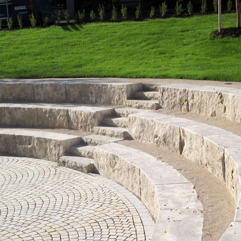 Application image for Bavarian Dolomite - Gray - Benches & Seating. The image shows this product being used in a seating & benches application. This is a building and landscape stone for indoor and outdoor commercial and residential applications. Suitable for general use, freeze-thaw conditions and low heat absorption surfaces situations. Moderate to higher on the price spectrum.