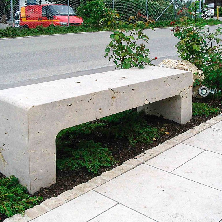 Application image for Bavarian Dolomite - Gray - Benches & Seating. The image shows this product being used in a seating & benches application. This is a building and landscape stone for indoor and outdoor commercial and residential applications. Suitable for general use, freeze-thaw conditions and low heat absorption surfaces situations. Moderate to higher on the price spectrum.