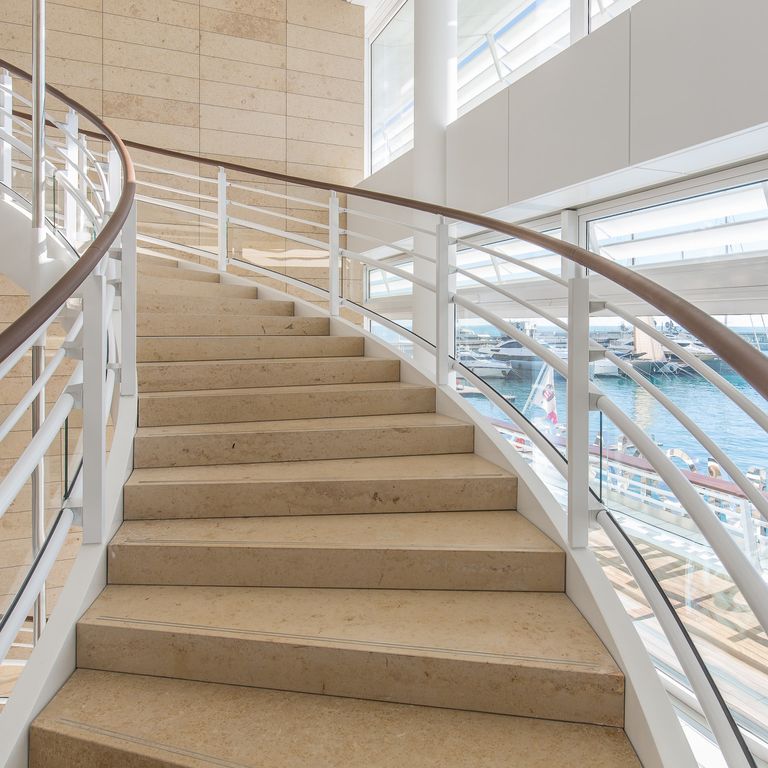 Application image for Bavarian Limestone Gala - Beige - Treads. The image shows this product being used in a treads application. This is a building and landscape stone for indoor and outdoor commercial and residential applications. Suitable for general use, high traffic areas, low slipperiness surfaces and high heel compatibilty situations. Moderate to higher on the price spectrum.
