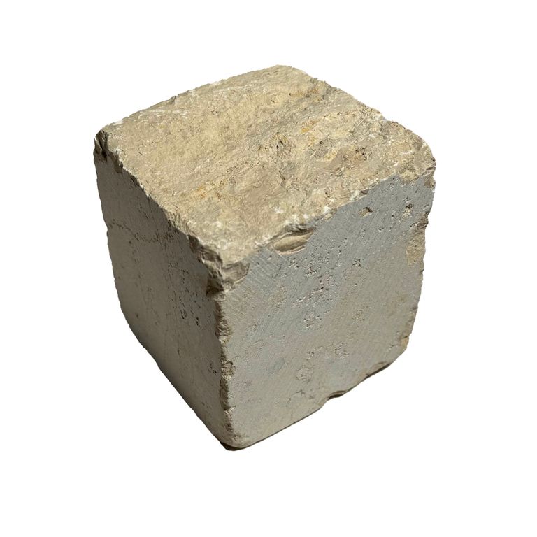 Oblique image for Bavarian Beige Limestone - Cobblestones. The surface finish shown is split-face. The dominant color shown is tan. The color mix creates a warm feeling.