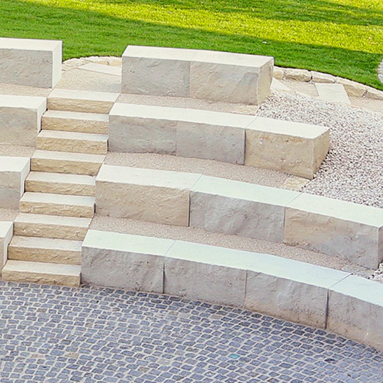 Application image for Bavarian Limestone Gala - Beige - Benches & Seating. The image shows this product being used in a seating & benches application. This is a building and landscape stone for outdoor commercial and residential applications. Suitable for general use, freeze-thaw conditions and low heat absorption surfaces situations. Moderate to higher on the price spectrum.