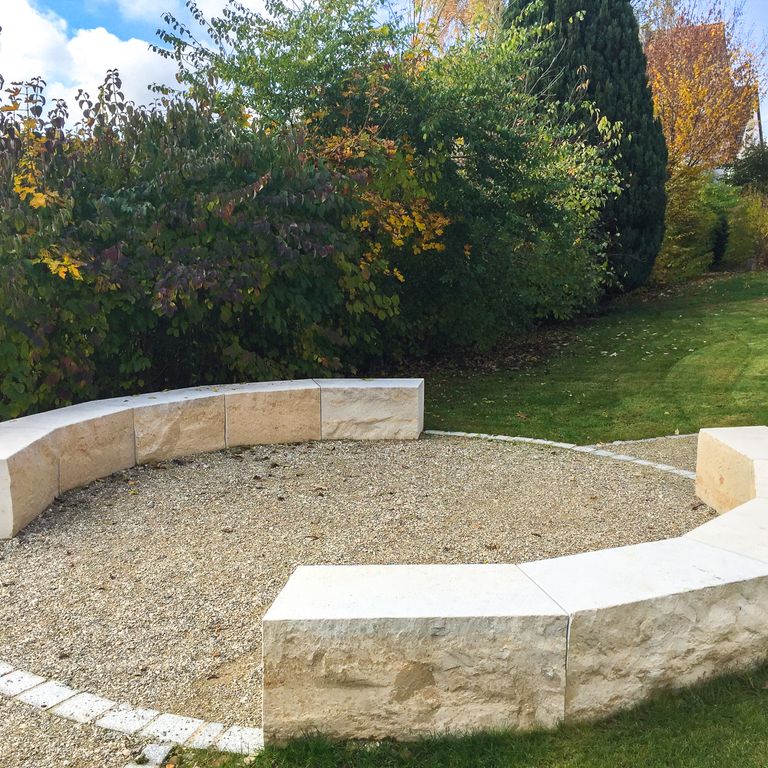 Application image for Bavarian Limestone Gala - Beige - Benches & Seating. The image shows this product being used in a seating & benches application. This is a building and landscape stone for outdoor commercial and residential applications. Suitable for general use, freeze-thaw conditions and low heat absorption surfaces situations. Moderate to higher on the price spectrum.
