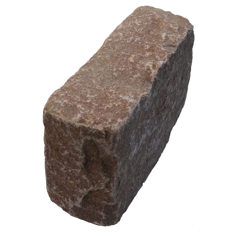Oblique image for Dusty Rose Granite Cobblestone - Rectangles. The surface finish shown is . Dominant colors shown are brown and pink. The color mix creates a warm feeling.