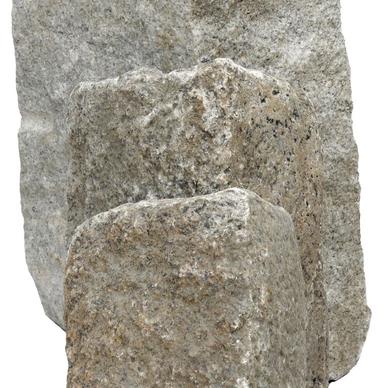 Feature image for Reclaimed Granite Thin Veneer Corners. The dominant color shown is gray; with beige, brown, green, white and tan secondaries. The color mix creates a warm feeling. Random, speckled and blotched color patterns. Contains some mica.