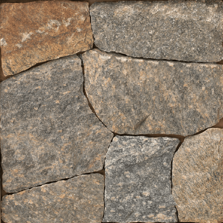 Best close-up image for Montauk Blend - Veneer. The surface finish shown is split-face with flat plane. Dominant colors shown are brown, orange/rust and tan; with a gray secondary. Exhibits 