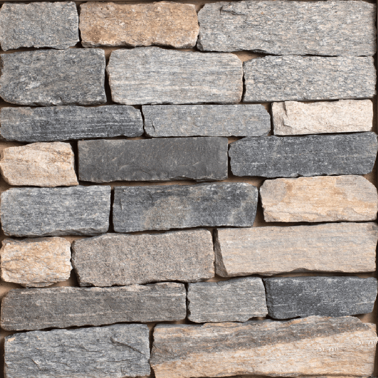 Feature image for Split Fieldstone - Veneer. The image shows this product being used for full bed veneer and thin veneer. Dominant colors shown are beige and gray; with brown, orange/rust, purple, white, tan and cream secondaries. Regular, blotched and linear color patterns.
