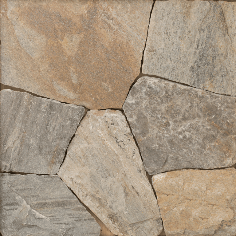 Close-up image for Sterling Tan Quartzite - Veneer. The surface finishes shown are natural and split-face with flat plane. Dominant colors shown are brown and tan; with beige, gray and orange/rust secondaries. Exhibits 
