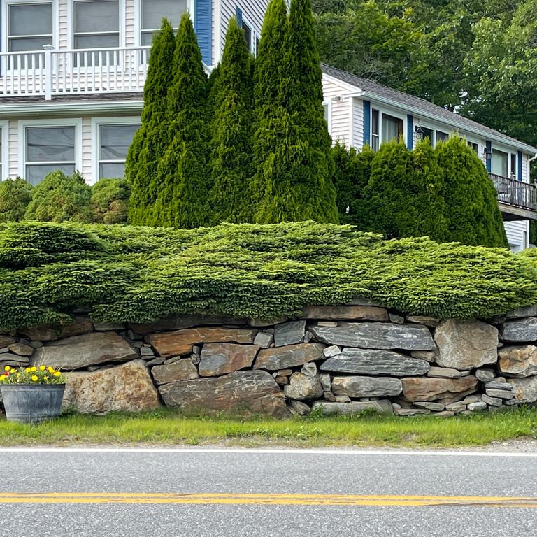 Feature image for New England Fieldstone Mix - Oversized Wallstone. The image shows this product being used in a landscape wallstone application. The surface finish shown is weathered. Dominant colors shown are brown and gray; with green and tan secondaries. The color mix creates a warm feeling. Regular, streaked and blotched color patterns.