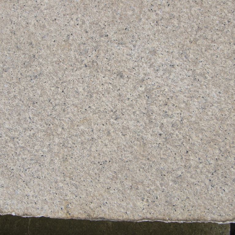 Color/Finish variation image for Reclaimed Footworn Granite Plank Pavers - Gauged. The surface finishes shown are fine free form bush hammered, weathered and worn. Dominant colors shown are beige and gray; with white and tan secondaries. The color mix creates a warm feeling. Speckled and fine speckled color patterns.