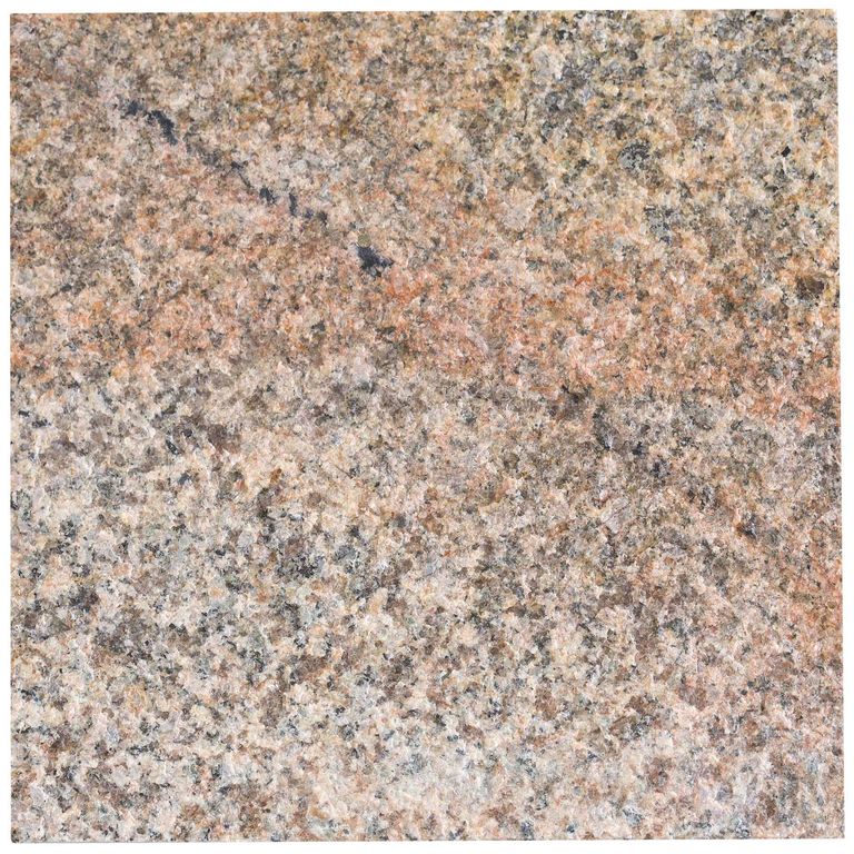 Swatch image cropped for Cape Neddick Granite Full Color - Live Edge Steps. The surface finish shown is flamed. Dominant colors shown are beige, gray, orange/rust and tan; with brown, pink, purple, white and cream secondaries. Exhibits 