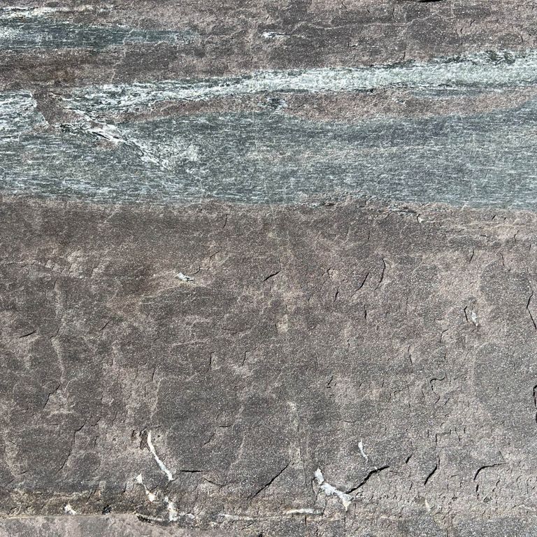 Color/Finish variation image for Mystic Mountain Live Edge Steps. The dominant color shown is gray; with beige, blue, brown, green, purple and white secondaries. The color mix creates a cool feeling. Regular and streaked color patterns.