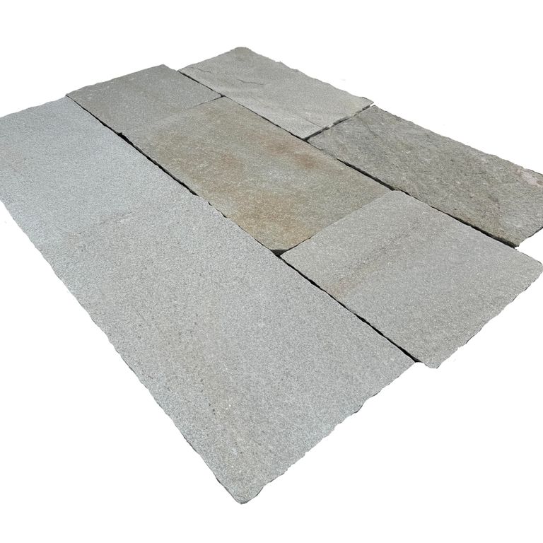 Oblique image for Gneiss - Pietra Italia - Full Color - Pavers. The surface finish shown is natural cleft. Dominant colors shown are gray and white. The color mix creates a cool feeling.