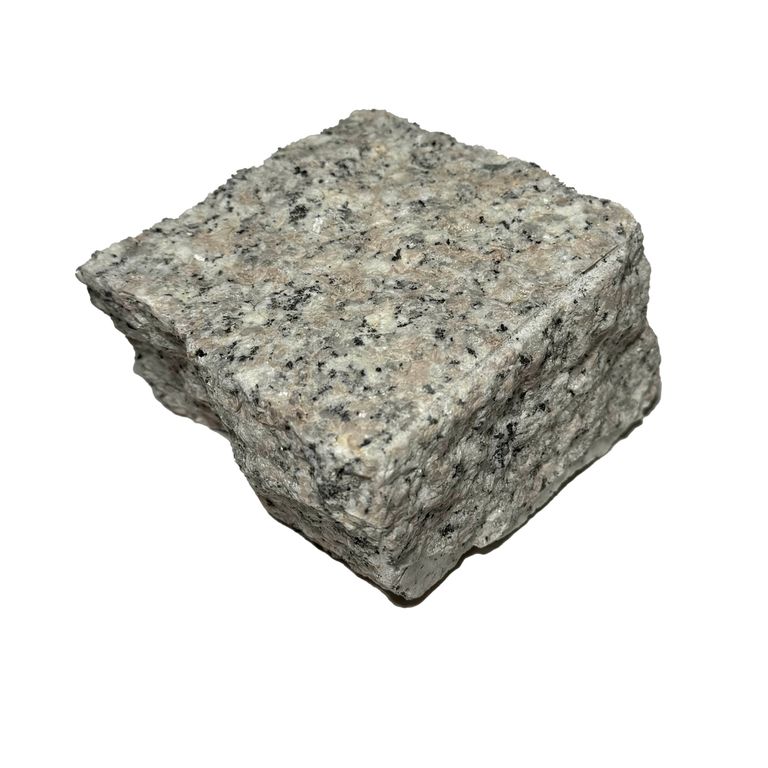 Oblique image for Salt & Pepper Granite - Splitface Cobblestones. The surface finish shown is split-face. The dominant color shown is gray. The color mix creates a cool feeling.