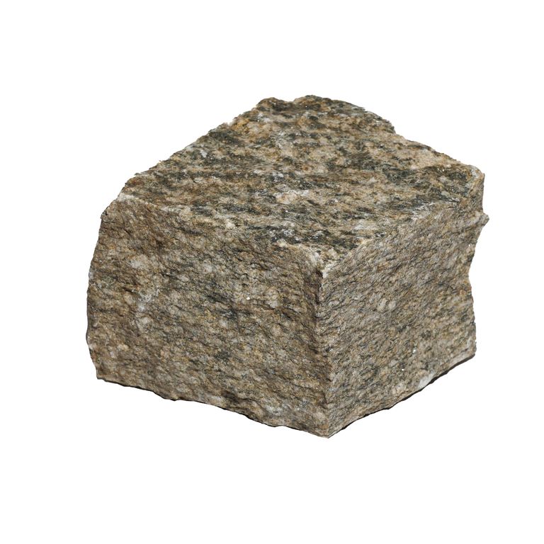 Oblique image for Pietra Italia Full Color Gneiss - Cobblestone Cubes. The surface finish shown is split-face. Dominant colors shown are brown and gray. The color mix creates a warm feeling.