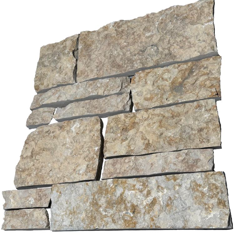 Oblique image for Rustic Gold Limestone Veneer - Splitface + Sawn. The surface finish shown is split-face. Dominant colors shown are gray, yellow and cream. The color mix creates a warm feeling.