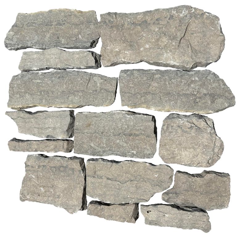 Feature image for Rustic Gray Limestone Veneer - Splitface. The surface finish shown is split-face. The dominant color shown is gray. The color mix creates a warm feeling.