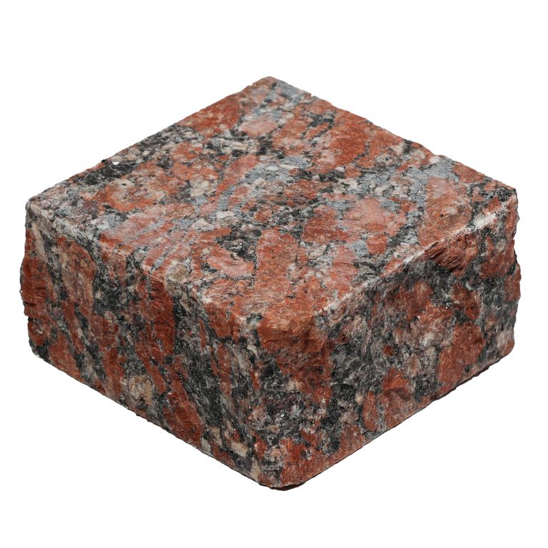 Oblique image for Red Crystal Granite - Cobblestones. The surface finish shown is flamed. Dominant colors shown are orange/rust and red.