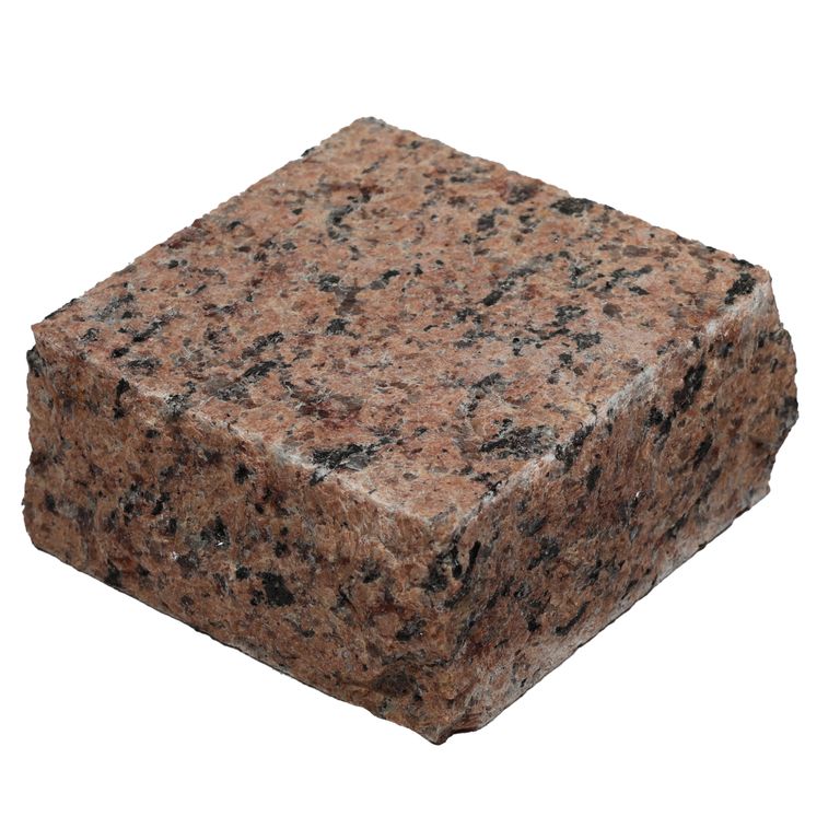 Oblique image for Red Pomegranate Granite - Cobblestones. The surface finish shown is flamed. Dominant colors shown are orange/rust and red. The color mix creates a warm feeling.