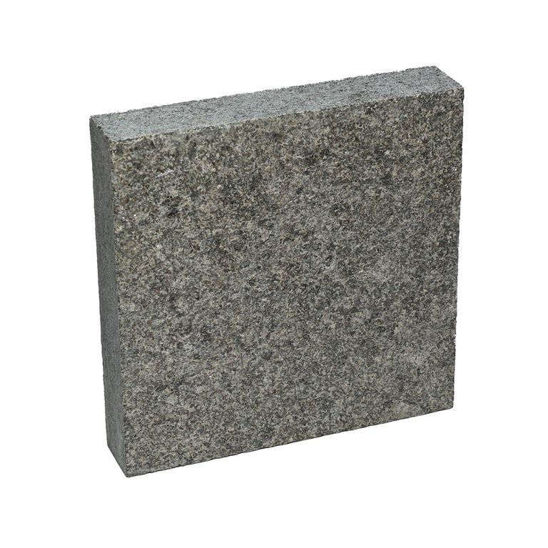 Oblique image for Gabbro Dark Magma Granite - Pavers. The surface finish shown is flamed. The dominant color shown is gray. The color mix creates a cool feeling.