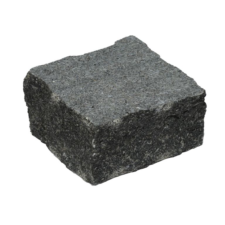Oblique image for Gabbro Dark Magma Granite - Cobblestones. The surface finish shown is flamed. Dominant colors shown are black and gray. The color mix creates a cool feeling.