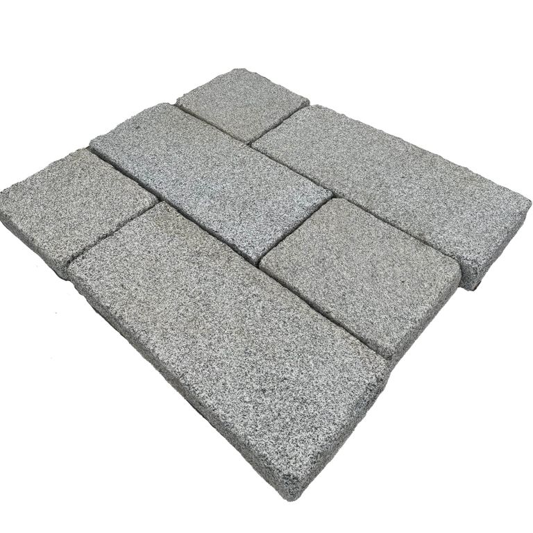 Feature image for Granite - Dodlin Hill - Antiqued Plank Pavers. The dominant color shown is gray. The color mix creates a cool feeling. Fine speckled color pattern.
