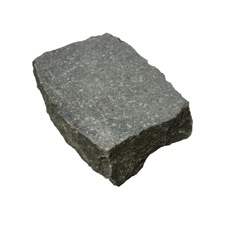Oblique image for Porphyry - Reclaimed European Cobblestones - Rectangle - Flat Surface. The surface finish shown is sawn. The dominant color shown is gray.