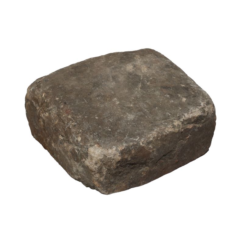 Oblique image for Reclaimed European Sandstone Cobblestones - Square - Worn Surface. The surface finish shown is . Dominant colors shown are black and gray. The color mix creates a warm feeling.