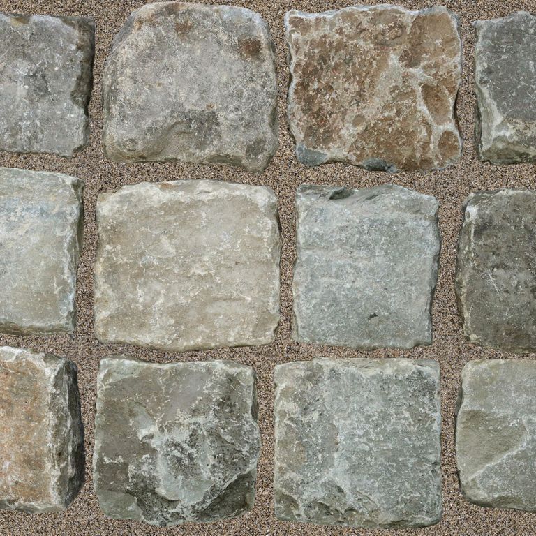 Application image for Reclaimed European Sandstone Cobblestones - Square - Worn Surface. The image shows this product being used for driveway pavers, path pavers and patio pavers. The surface finish shown is . The dominant color shown is gray; with beige, brown, green, orange/rust, purple, white and tan secondaries. Regular and random color patterns.