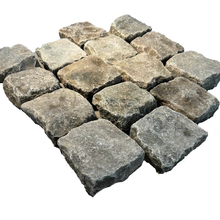 Application image for Reclaimed European Sandstone Cobblestones - Square - Worn Surface. The surface finish shown is . Dominant colors shown are black and gray. The color mix creates a warm feeling.