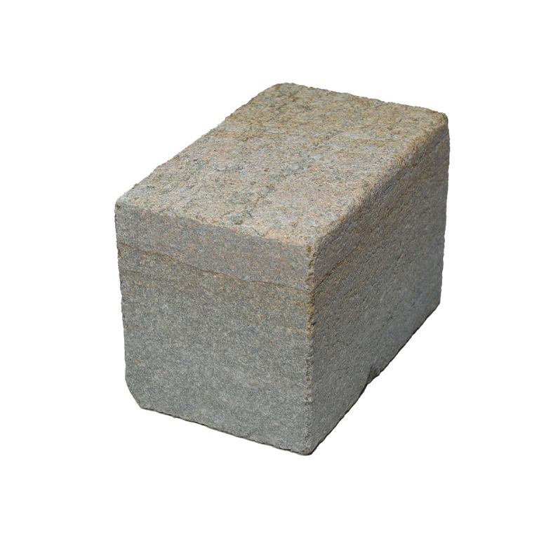 Oblique image for Pietra Italia Full Color Gneiss - Cobblestone Pavers. The surface finish shown is sand blasted. Dominant colors shown are beige and gray. The color mix creates a warm feeling.