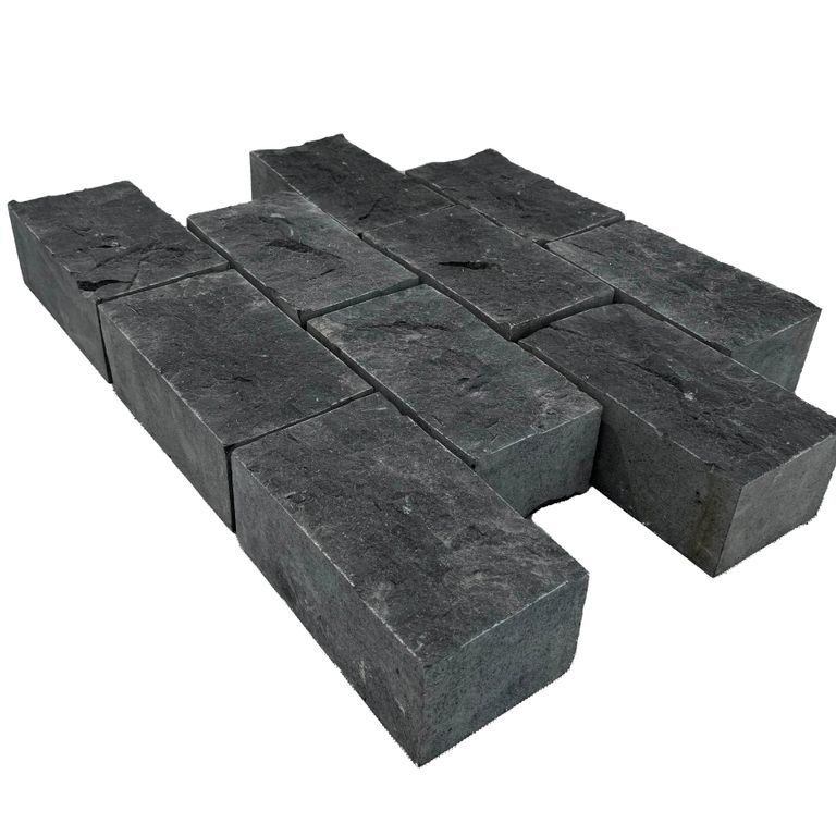 Application image for Highland Limestone Cobblestones - Rectangle - Split Top, Sawn Sides. The surface finish shown is split-face. The dominant color shown is black. The color mix creates a cool feeling.