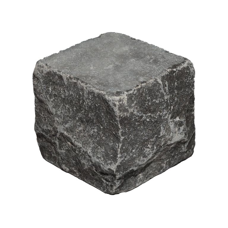 Oblique image for Limestone - Highland Cobblestones - Square - Sawn + Tumbled Top, Split + Tumbled Sides. The surface finish shown is . Dominant colors shown are black and gray. The color mix creates a cool feeling.