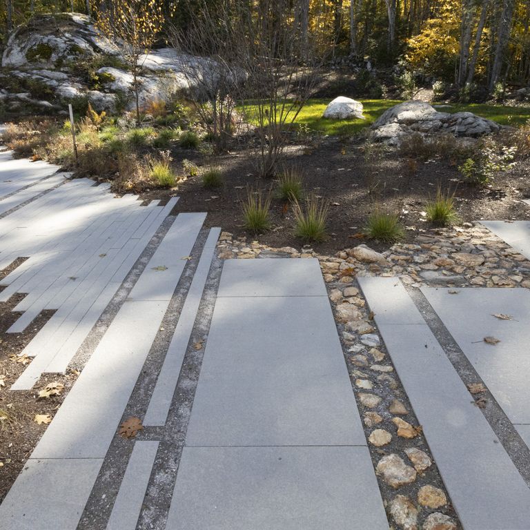 Application image for Limestone - Polar Gray - Dimensional Cut Pavers. The image shows this product being used in a path pavers application. The dominant color shown is gray.