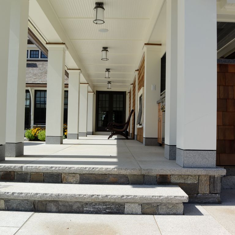 Application image for Cape Neddick Granite - Clear - Treads - Flamed. The image shows this product being used in a treads application. This is a building and landscape stone for indoor and outdoor commercial and residential applications. Suitable for general use, freeze-thaw conditions, low heat absorption surfaces, high traffic areas, low slipperiness surfaces and high heel compatibilty situations. Relatively higher in price.