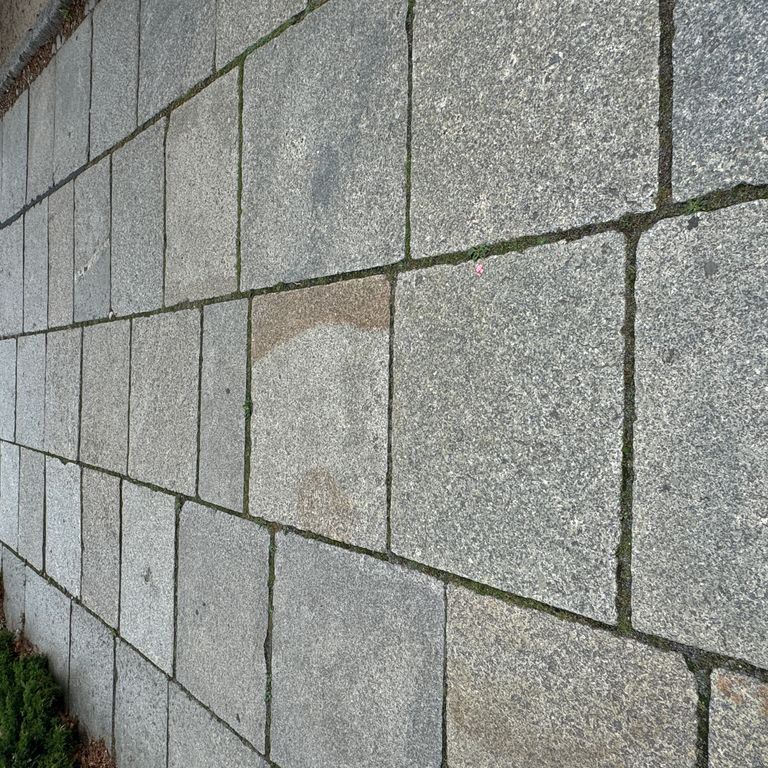 Application image for Granite - Reclaimed Berlin Sidewalk Stones. The image shows this product being used in a path pavers application. The surface finish shown is . The dominant color shown is gray. The color mix creates a cool feeling.